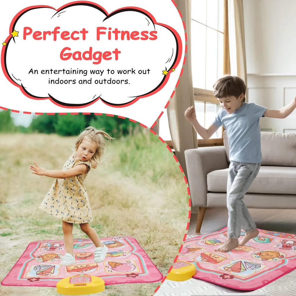 Children enjoying an interactive, colorful fitness mat indoors and outdoors, promoting fun exercise with engaging designs of food and playful graphics.