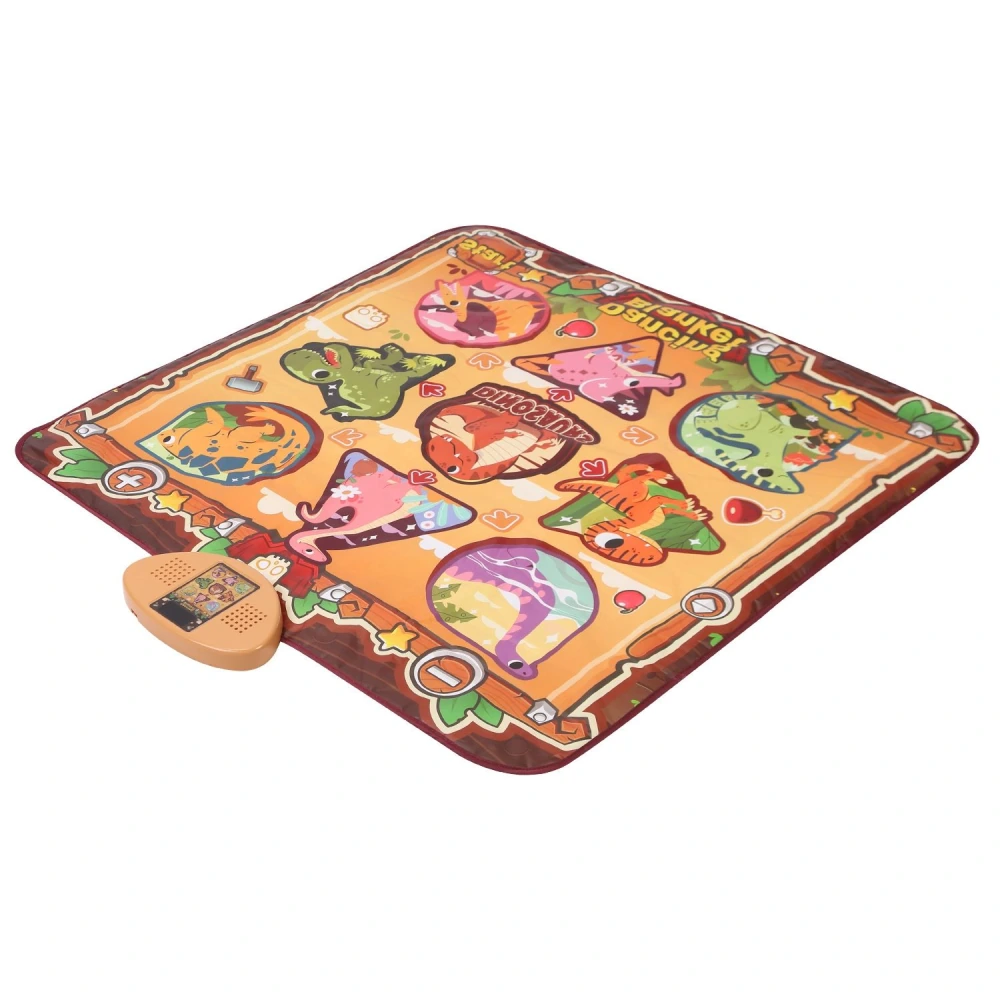 Colorful interactive dinosaur-themed playmat with sound features and various shapes for early childhood learning and play.