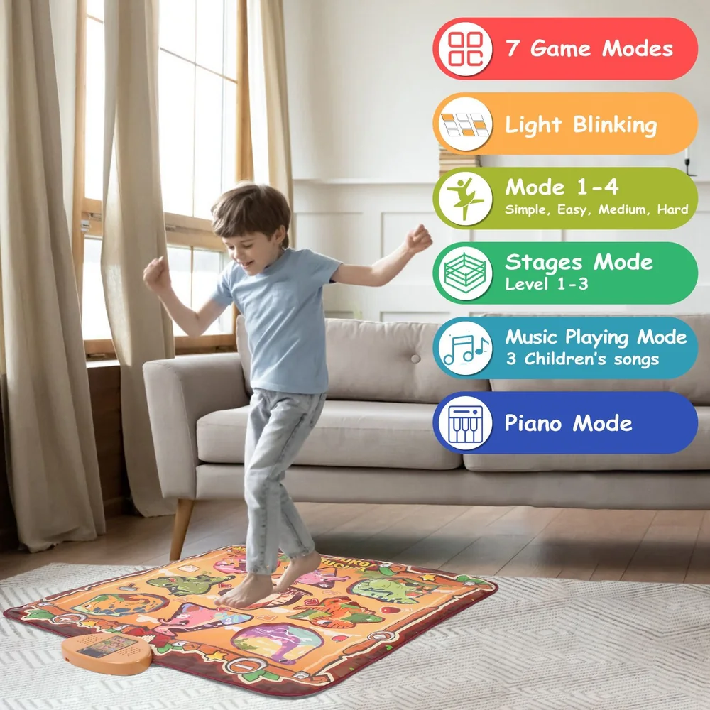 Child playing on a colorful interactive dance mat with seven game modes and piano feature, promoting active play and music learning in a cozy living room setting.