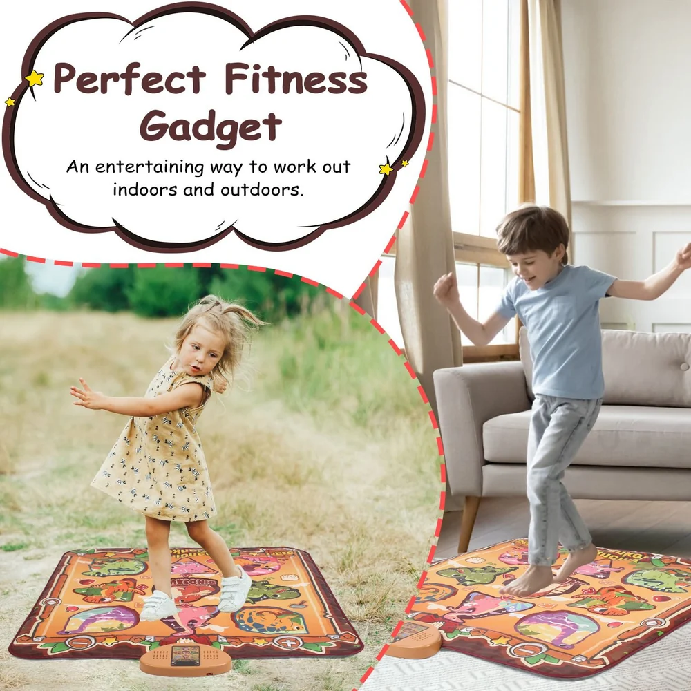 Interactive fitness mat featuring children dancing and exercising indoors and outdoors, highlighted as a fun way to enhance physical activity.