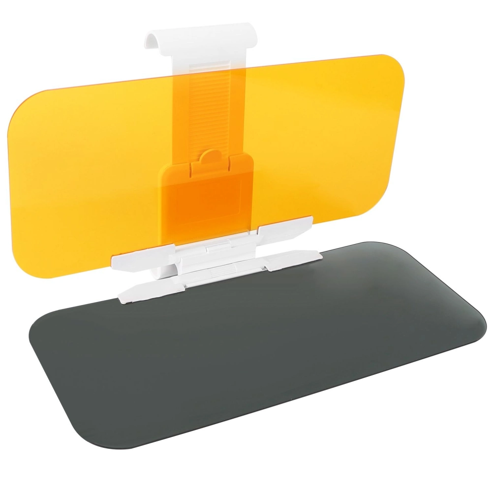 Car sun visor with dual orange and gray panels for glare reduction and UV protection, adjustable for easy installation and optimal visibility.
