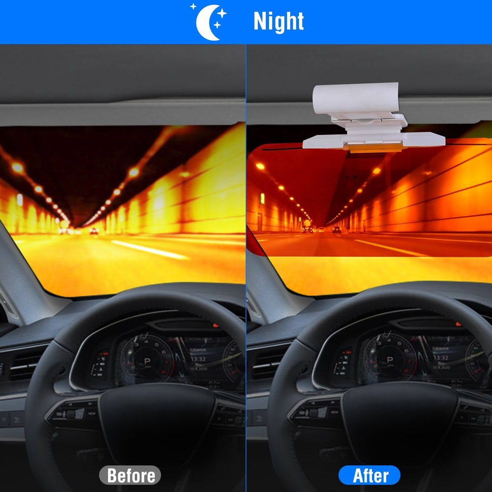 Car windshield sunshade showing before and after comparison for night driving, highlighting improved visibility in dark environments with a bright tunnel scene.