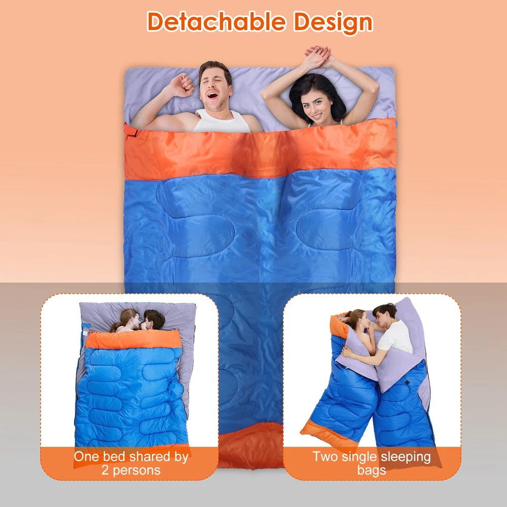 Detachable sleeping bag designed for two people, featuring a vibrant blue and orange color scheme, showcasing a cozy shared sleeping arrangement or the option to separate into two individual sleeping bags.