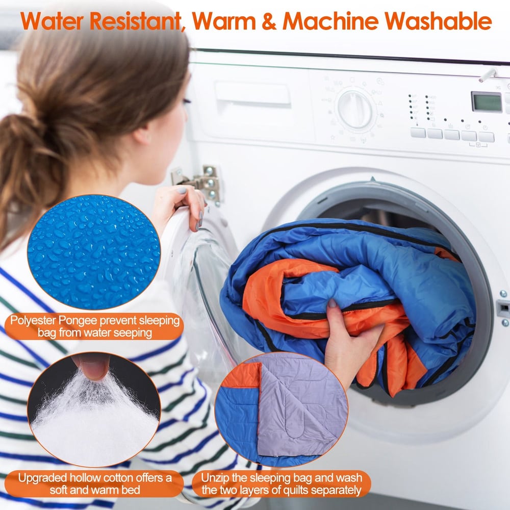 Vibrant two-layer sleeping bag being loaded into a washing machine, showcasing water-resistant properties and machine washability features.