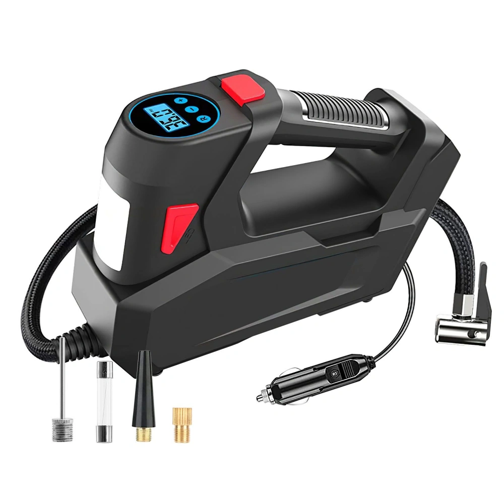 Portable car air compressor with digital display, multiple nozzles, and a power adapter for easy inflation.
