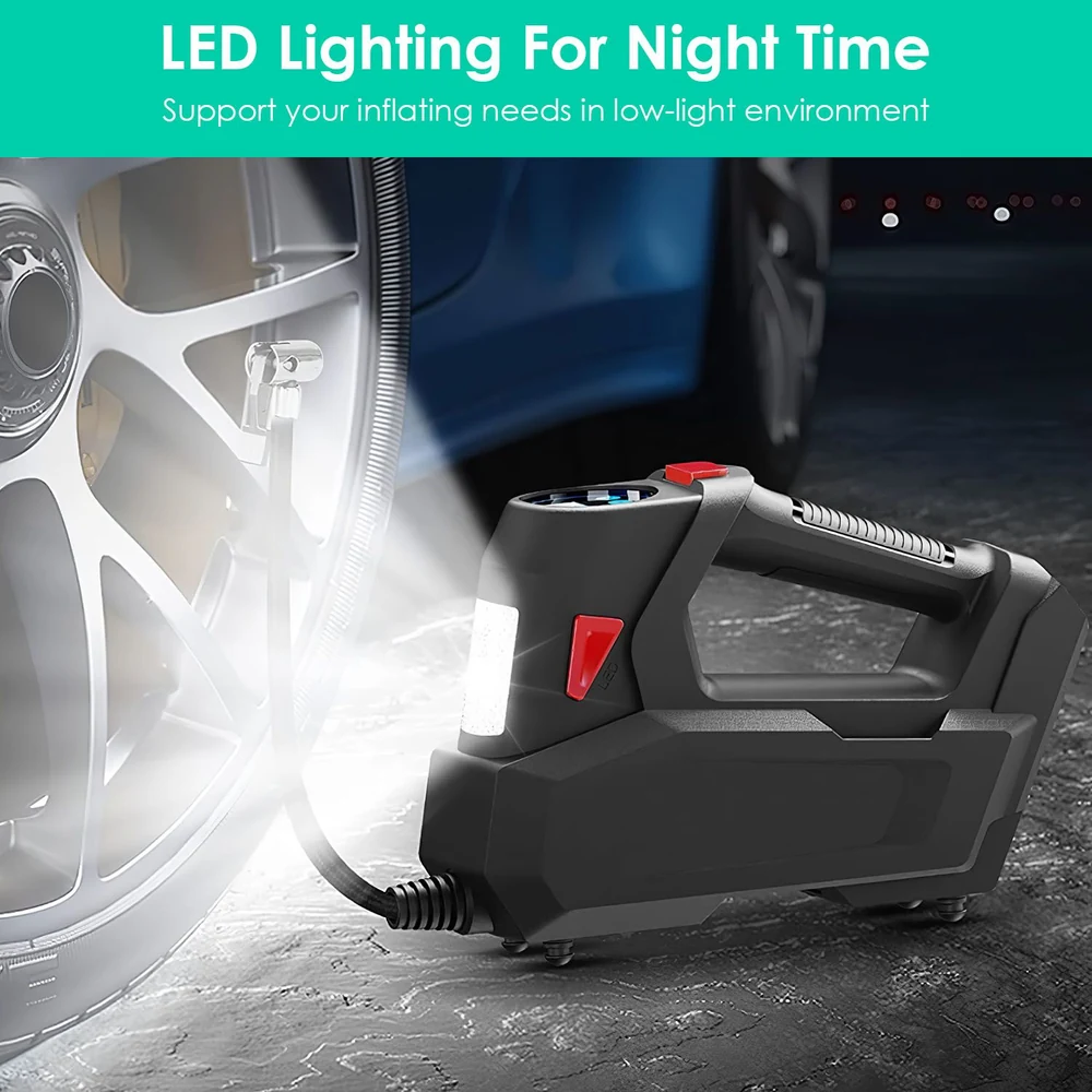 Portable air pump with LED light, designed for easy tire inflation in low-light conditions, positioned next to a car wheel.