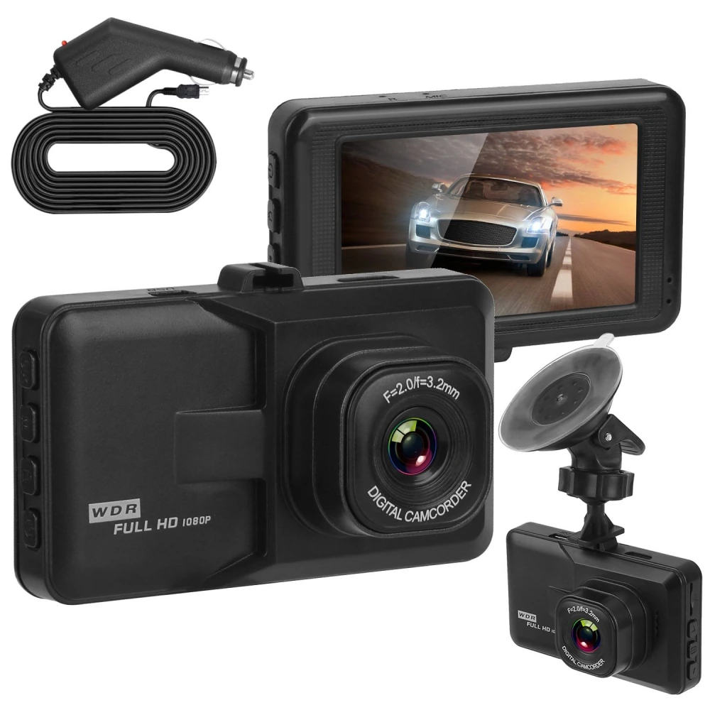 High-definition 1080p car dashboard camera with a large display, suction mount, and power adapter, showcasing a modern vehicle on a scenic road.