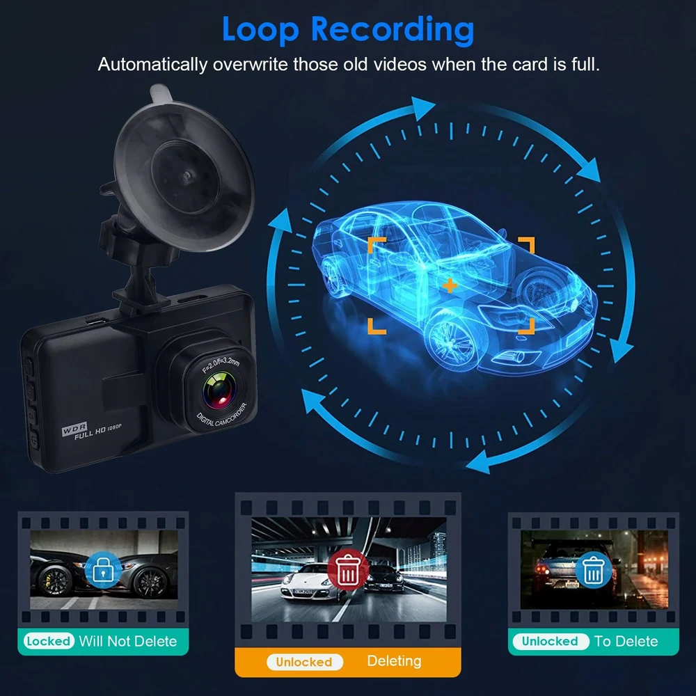 Image of a Full HD dashboard camera with a suction mount, displaying features like loop recording and video management options, featuring a blue holographic car outline in the background.