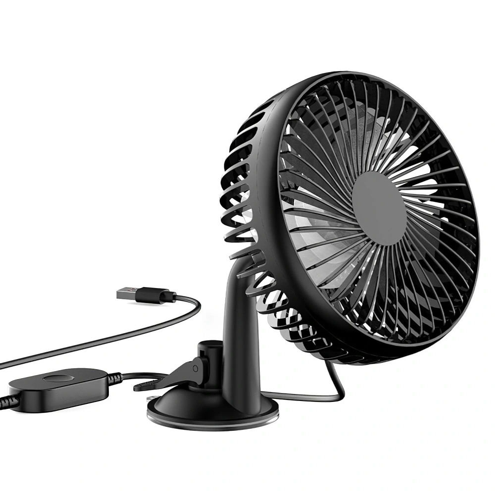 Compact black USB desk fan with adjustable head and control switch, designed for personal cooling and energy efficiency.