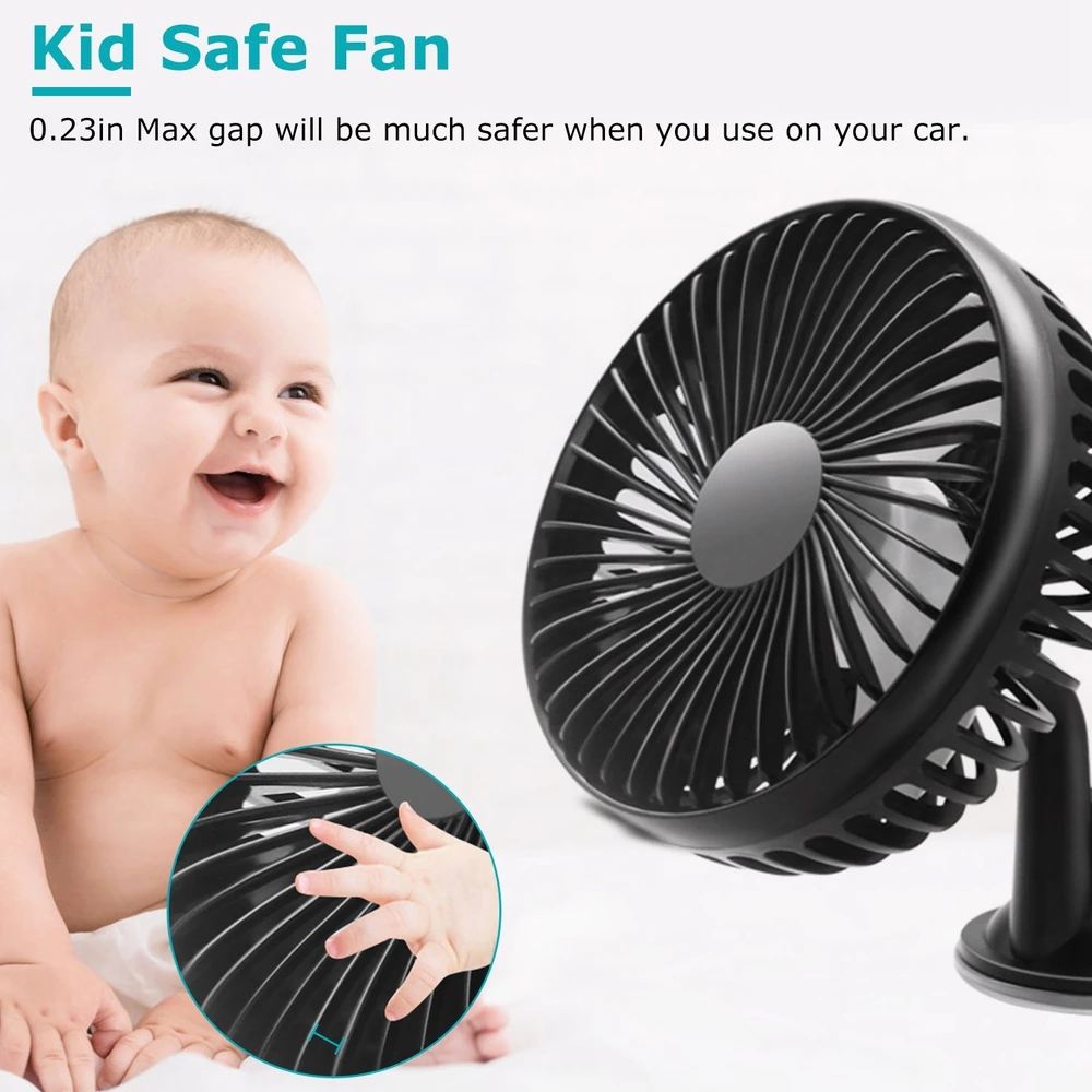 Kid-safe portable fan designed for vehicles, featuring a child-friendly design with a maximum 0.23-inch gap to ensure safety for little ones and efficient airflow for comfort.
