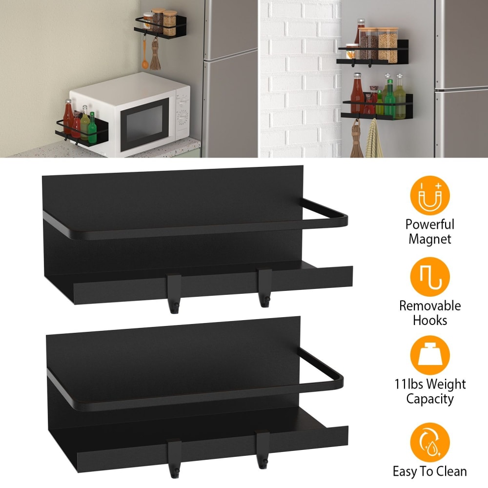 Magnetic kitchen shelving unit with removable hooks, designed to hold up to 11lbs, easy to clean and ideal for storing condiments and utensils above a microwave.
