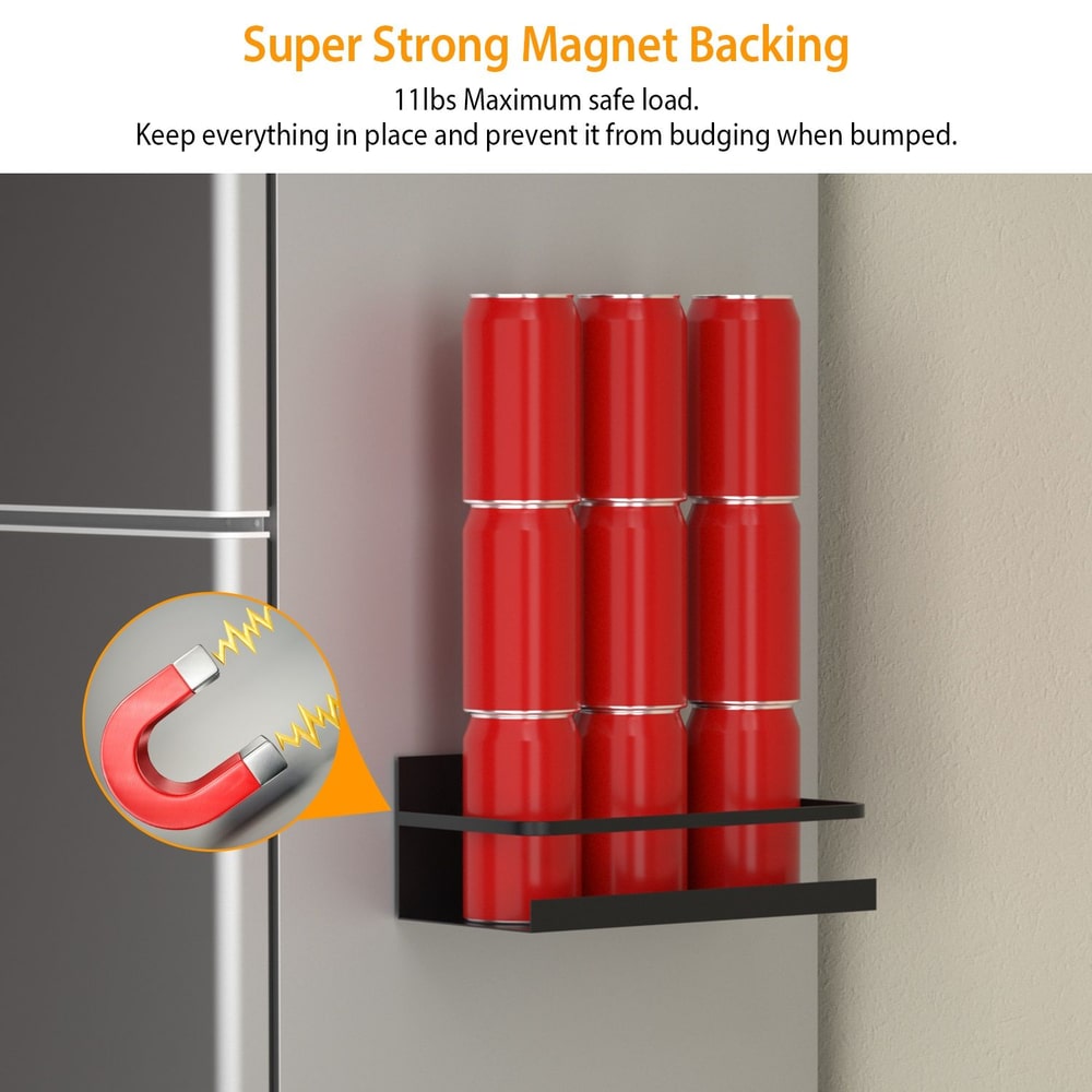 Magnetic can holder with super strong magnet backing, showcasing seven stacked red cans secured on a black shelf against a fridge background, labeled with a maximum safe load of 11lbs for stability.