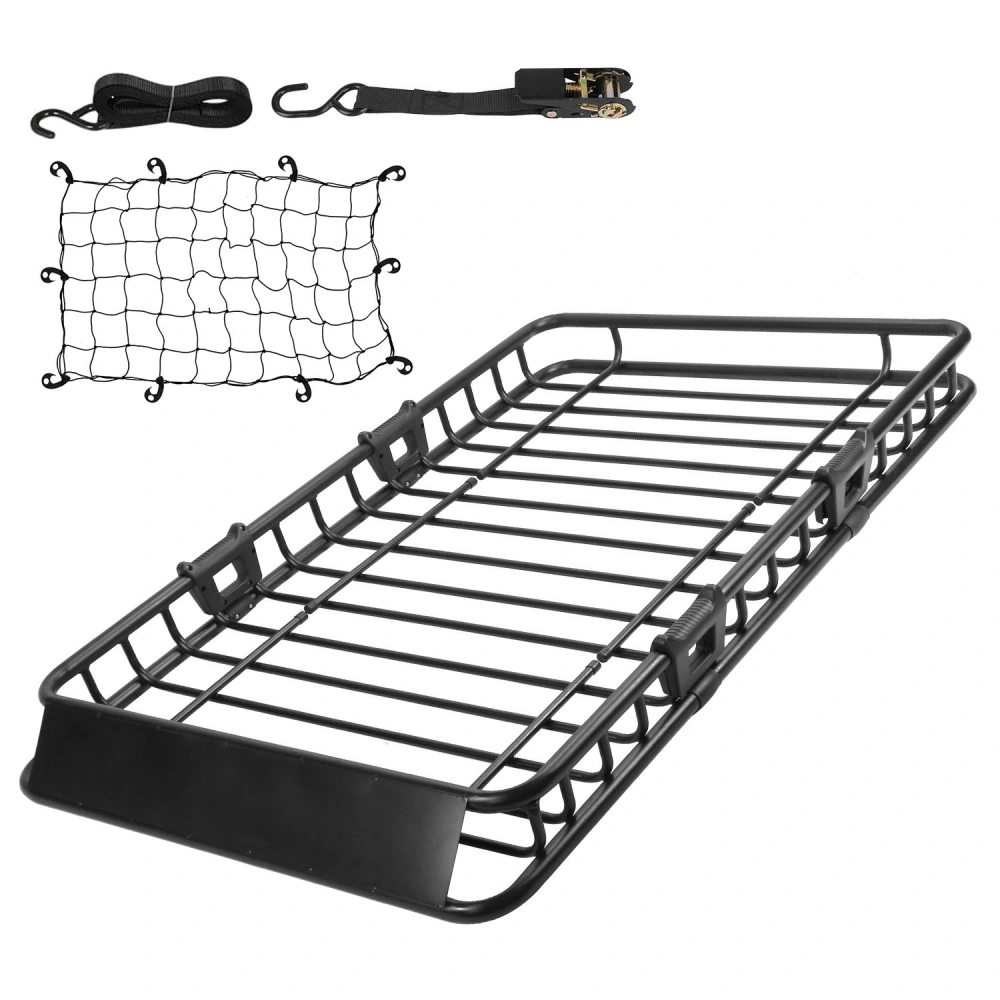 Heavy-duty roof rack cargo basket with included tie-down net and straps for secure transportation of extra luggage and gear.