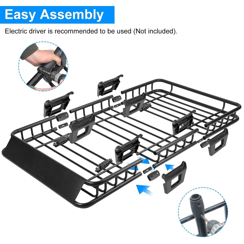 Sturdy black metal roof rack with easy assembly features, including adjustable mounts and an electric driver recommendation, ideal for outdoor gear transportation.