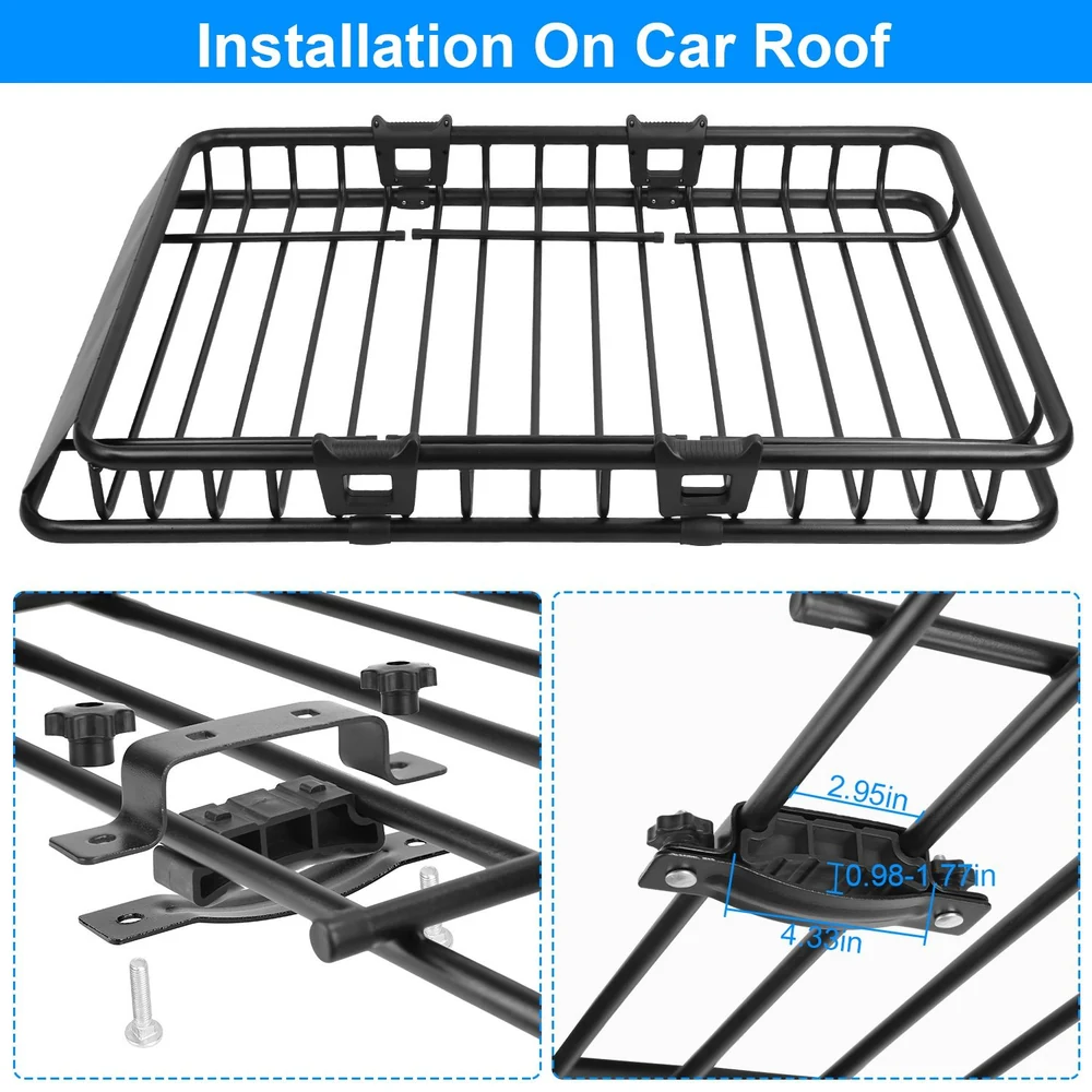 Car roof cargo basket with installation brackets, featuring a sturdy black metal design, dimensions labeled for easy setup, perfect for outdoor adventures and transporting gear.