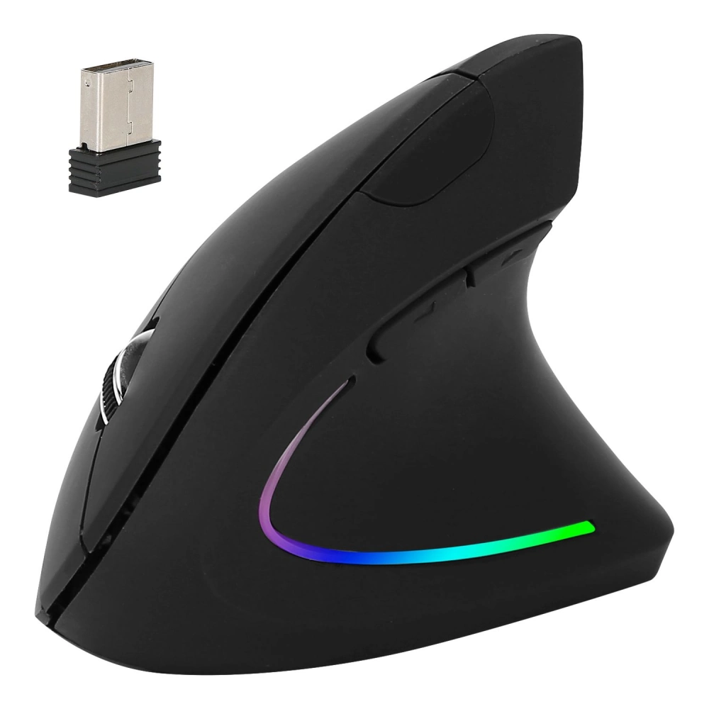 Ergonomic wireless mouse with RGB lighting and USB receiver, designed for comfortable use and efficient navigation.