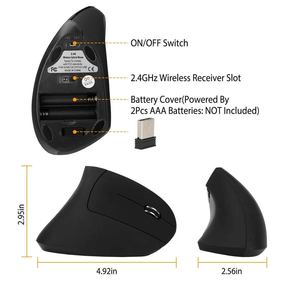 Ergonomic wireless optical mouse in black with dimensions marked, featuring an ON/OFF switch, 2.4GHz wireless receiver slot, and a battery cover for two AAA batteries (not included).