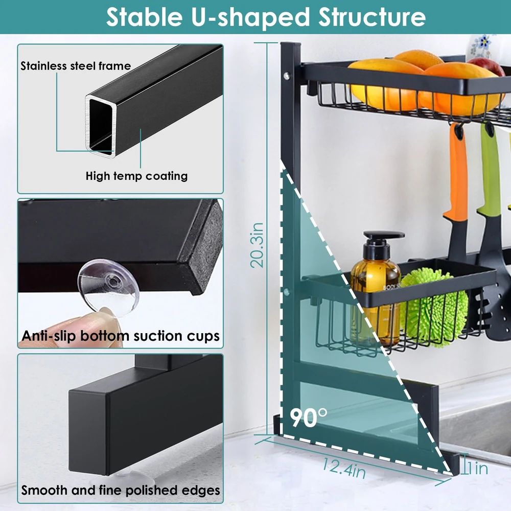 U-shaped kitchen organizer with stainless steel frame, anti-slip suction cups, and polished edges, showcasing dimensions of 20.3 inches height and 12.4 inches width.