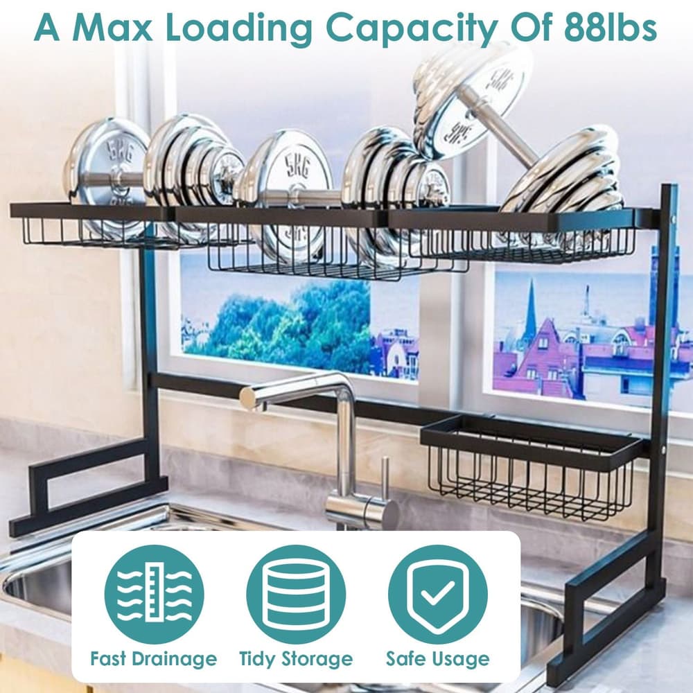 Kitchen organizer rack with dumbbells showcasing a maximum loading capacity of 88lbs, featuring fast drainage, tidy storage, and safe usage icons, set against a sunny window backdrop.