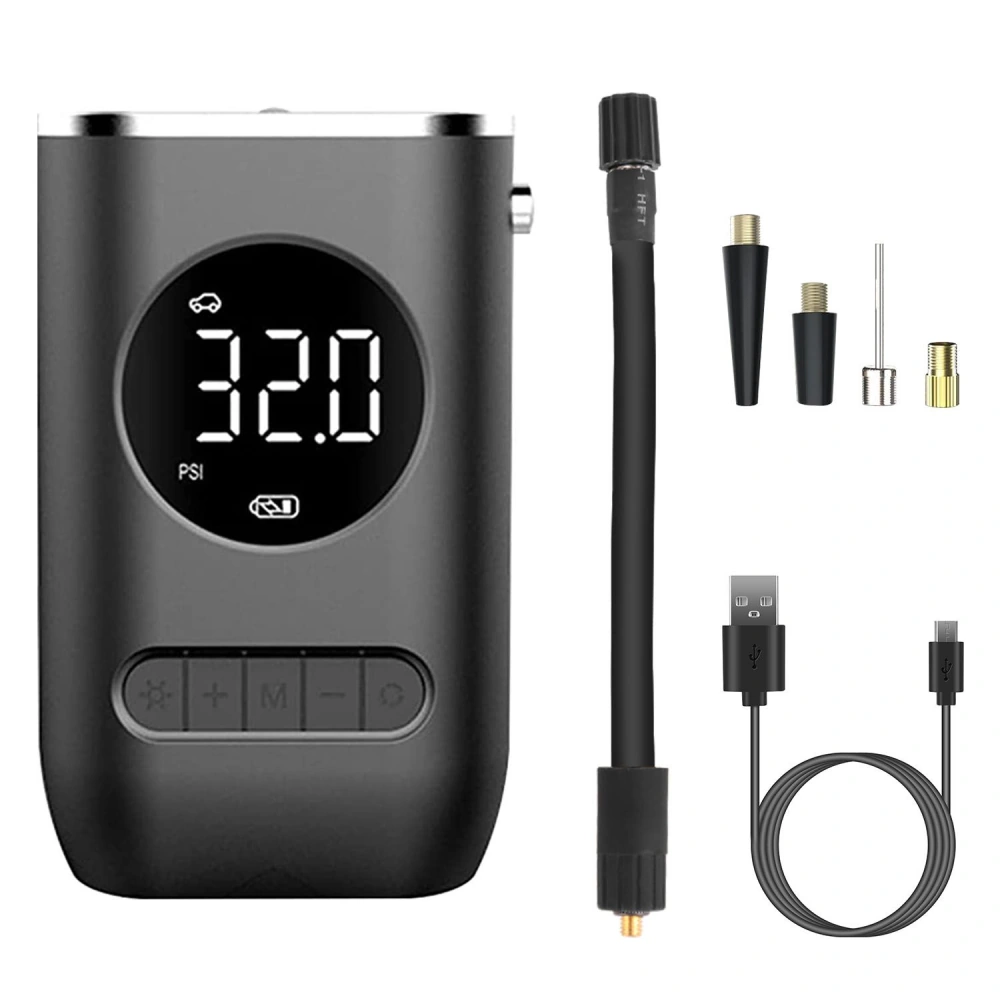 Portable digital tire inflator with LED display showing 32.0 PSI, USB charging cable, and various nozzle attachments for multiple uses.