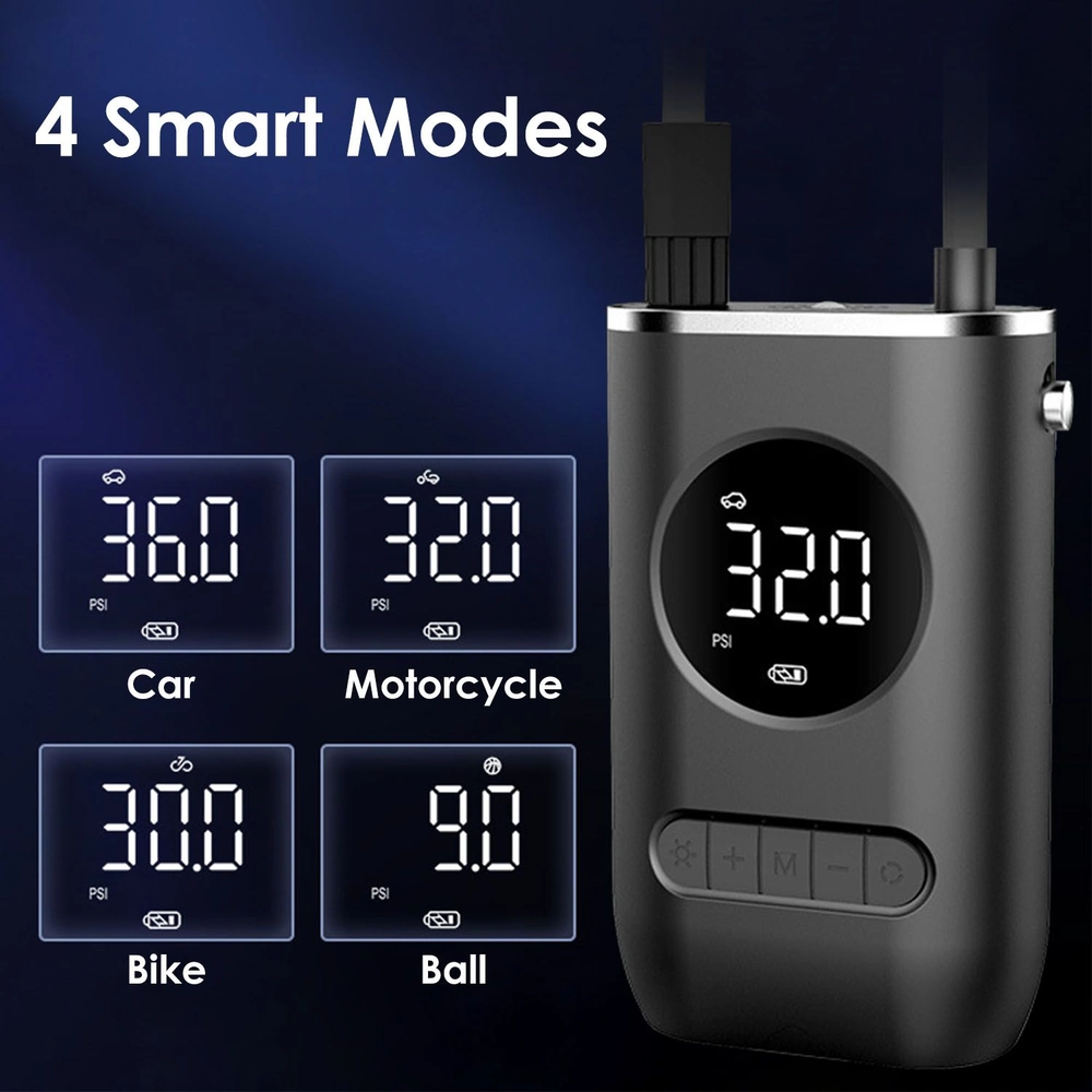 Digital tire inflator with four smart modes displaying pressure settings for car, motorcycle, bike, and ball, featuring a sleek design and easy-to-read LED screen.