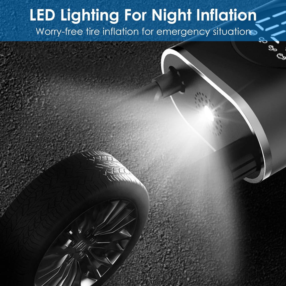 Compact portable tire inflator with LED light for night use, efficiently inflating tires in emergency situations.