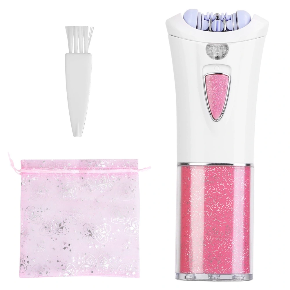 Electric hair removal device in white and pink, accompanied by a cleaning brush and a pink drawstring pouch.