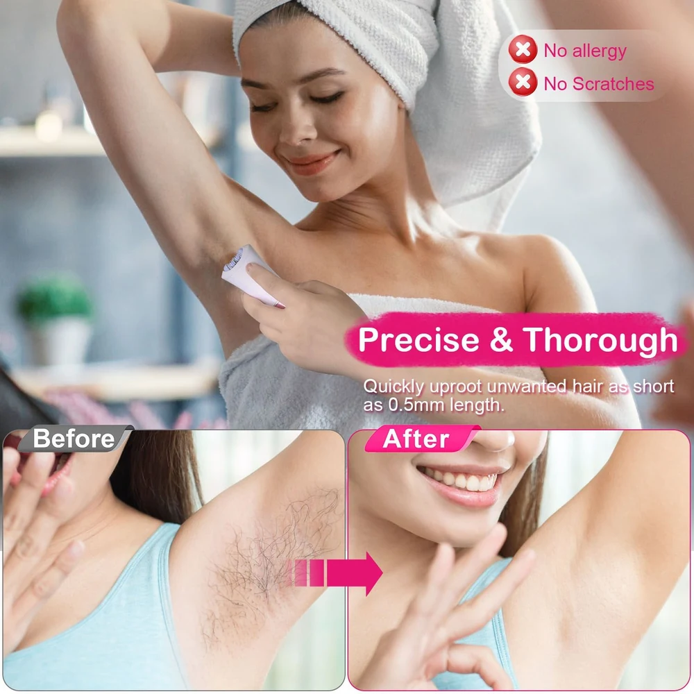 Woman using a hair removal device on her underarm, showcasing a before and after transformation and highlighting features like no allergy and no scratches for a smooth finish.