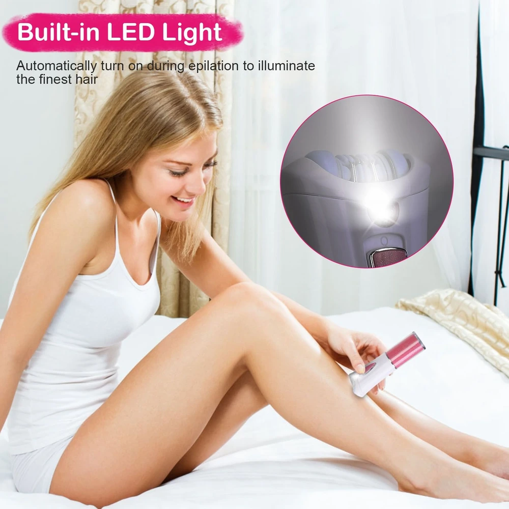 Woman using an epilator with a built-in LED light, sitting on a bed showcasing smooth legs, highlighting the device's feature to illuminate fine hair for effective hair removal.