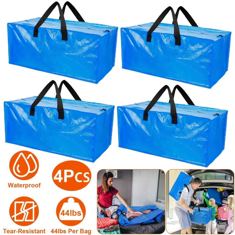 Set of 4 waterproof and tear-resistant blue storage bags with black handles, capable of holding up to 44 pounds each, ideal for organizing and transporting items.