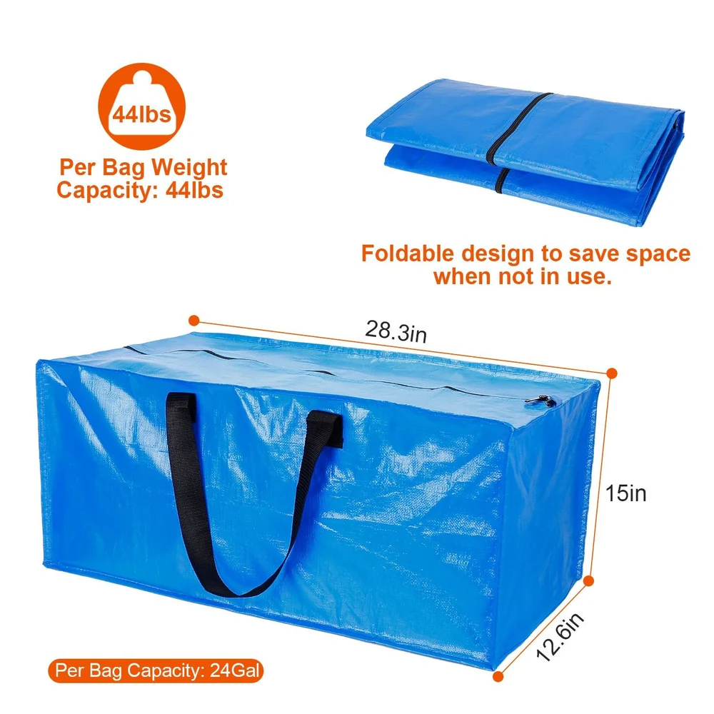 Durable blue storage bag with foldable design, measuring 28.3 inches long, 12.6 inches wide, and 15 inches high, featuring two sturdy handles and a weight capacity of 44 lbs for organizing and transporting items.