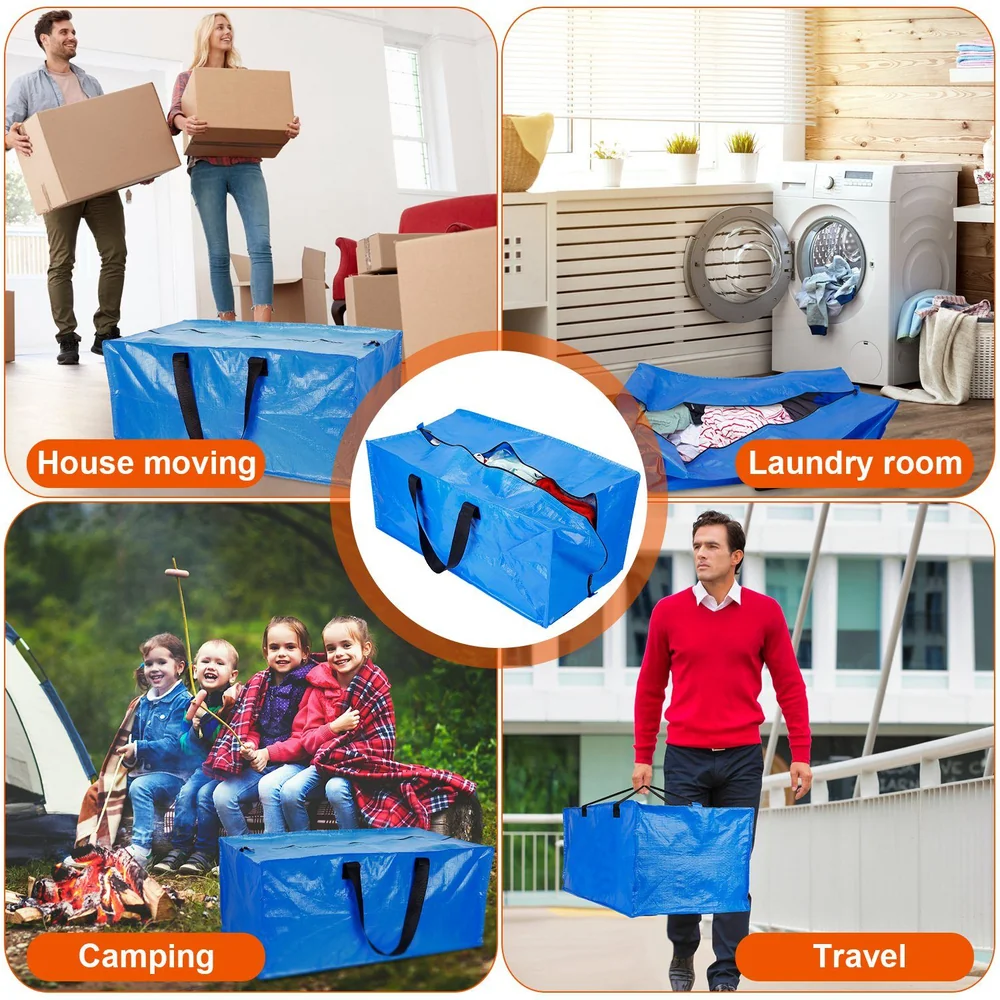 Durable blue storage bag with black handles, ideal for house moving, laundry, camping, and travel, showcased in various practical uses.