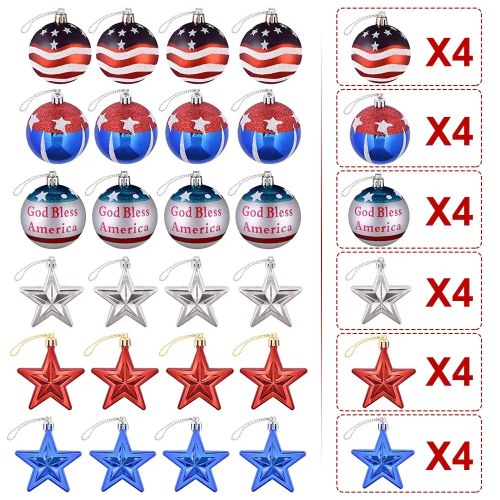 Set of 12 patriotic Christmas ornaments including striped red, white, and blue balls, "God Bless America" balls, and star-shaped ornaments in silver, red, and blue.