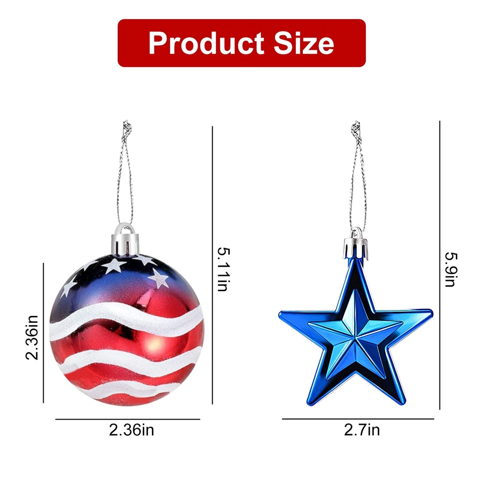 Red, white, and blue decorative Christmas ornament ball measuring 5.11 inches and a blue star ornament measuring 5.9 inches, both showing dimensions for size comparison.