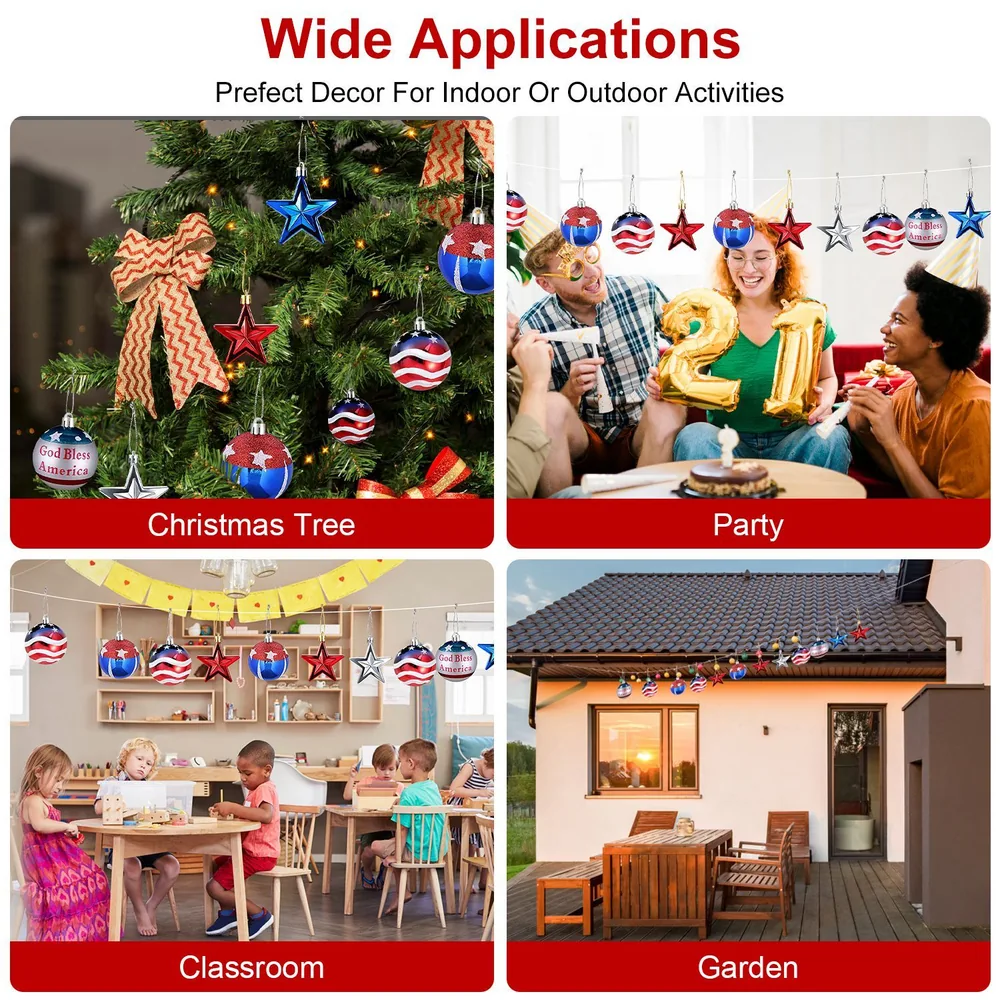Various festive decorations displayed across four scenarios: Christmas tree adorned with stars and ornaments, a lively party scene with golden balloons, a vibrant classroom setup with colorful decor, and an inviting garden setup showcasing outdoor lights. Perfect for indoor and outdoor celebrations.