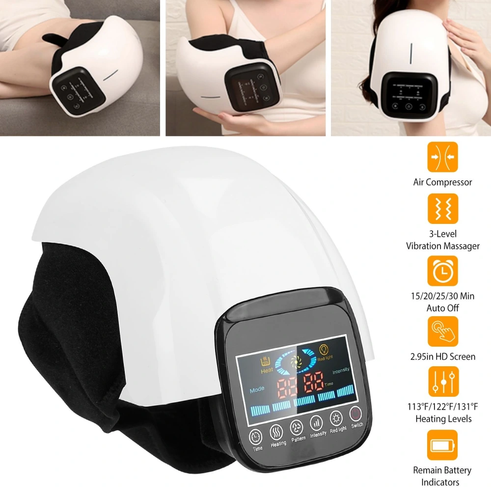 Ergonomic air compressor massager with a sleek white design, 3-level vibration settings, 15-30 minute auto-off timer, and a clear 2.95-inch HD display, providing soothing heat and vibration for ultimate relaxation.
