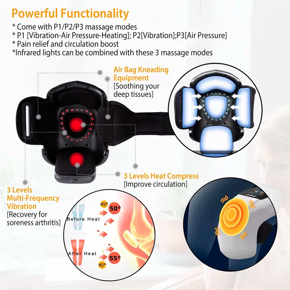 Knee massager with three massage modes (vibration, air pressure, heating), featuring air bag kneading and three-level heat compress for pain relief and improved circulation.
