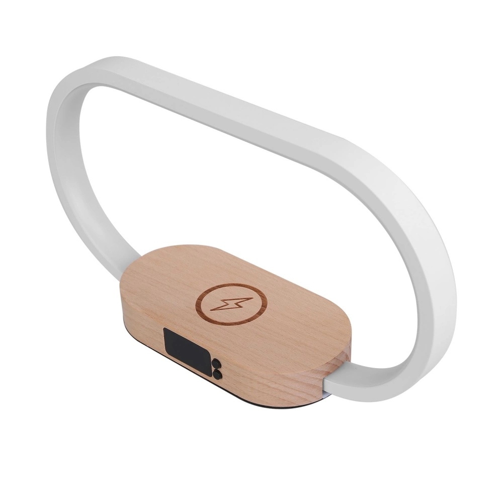 Wireless charging lamp with a wooden base and sleek white arc design, featuring a lightning bolt emblem and a digital display for battery status.