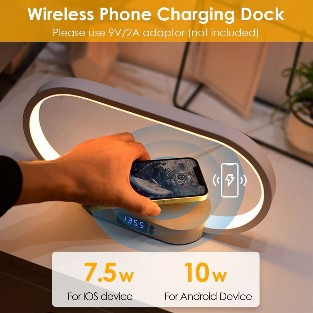 Wireless phone charging dock with a glowing light, showing a hand placing a smartphone on the dock, featuring a display for charging wattage (7.5W for iOS and 10W for Android devices) and a note to use a 9V/2A adaptor (not included).
