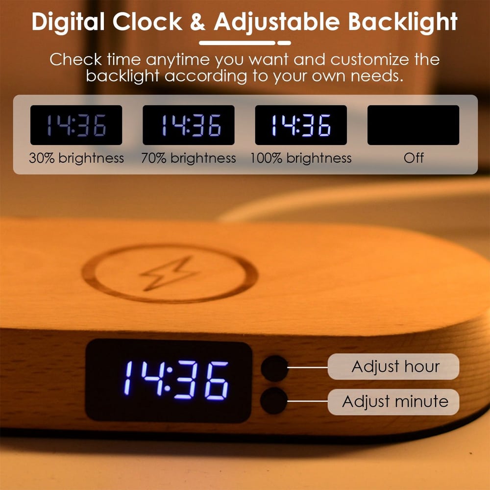 Digital clock with adjustable backlight, displaying time in HH:MM format, featuring brightness settings of 30%, 70%, and 100%, alongside buttons for adjusting hour and minute on a wooden base.