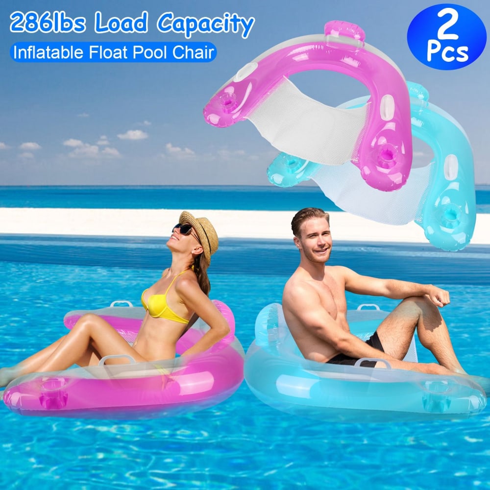 Inflatable float pool chairs in pink and blue, designed for a load capacity of 286lbs, ideal for relaxing in the water during summer.