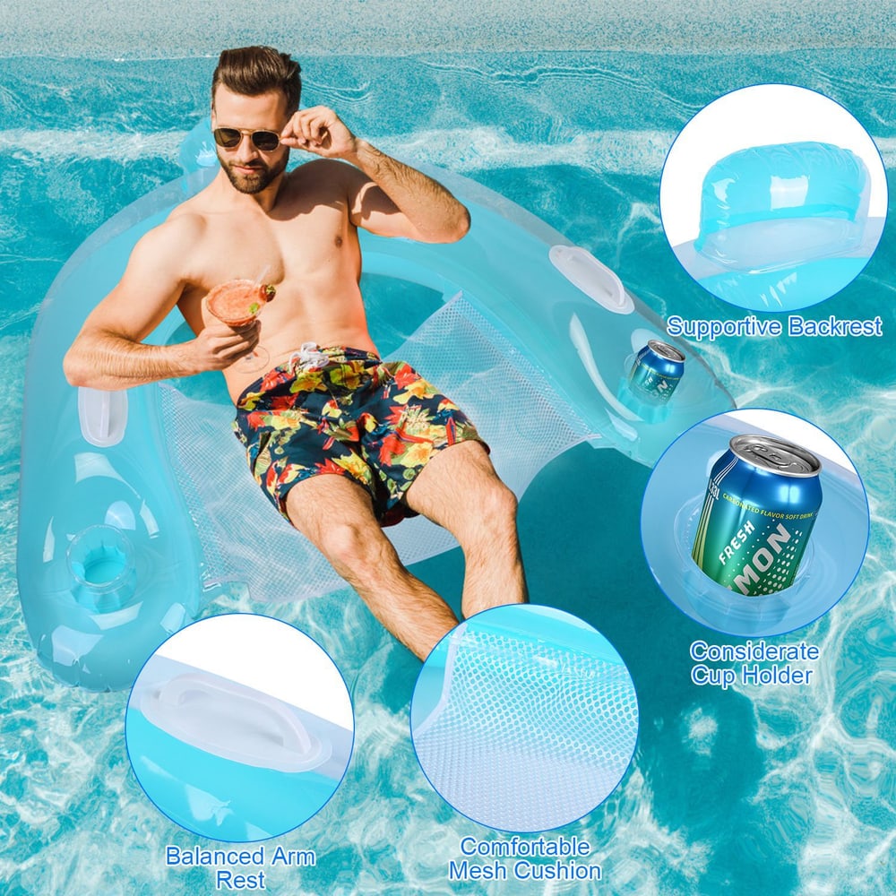 Inflatable pool lounge with supportive backrest, balanced armrest, and cup holder, featuring a man relaxing in water while enjoying a beverage.