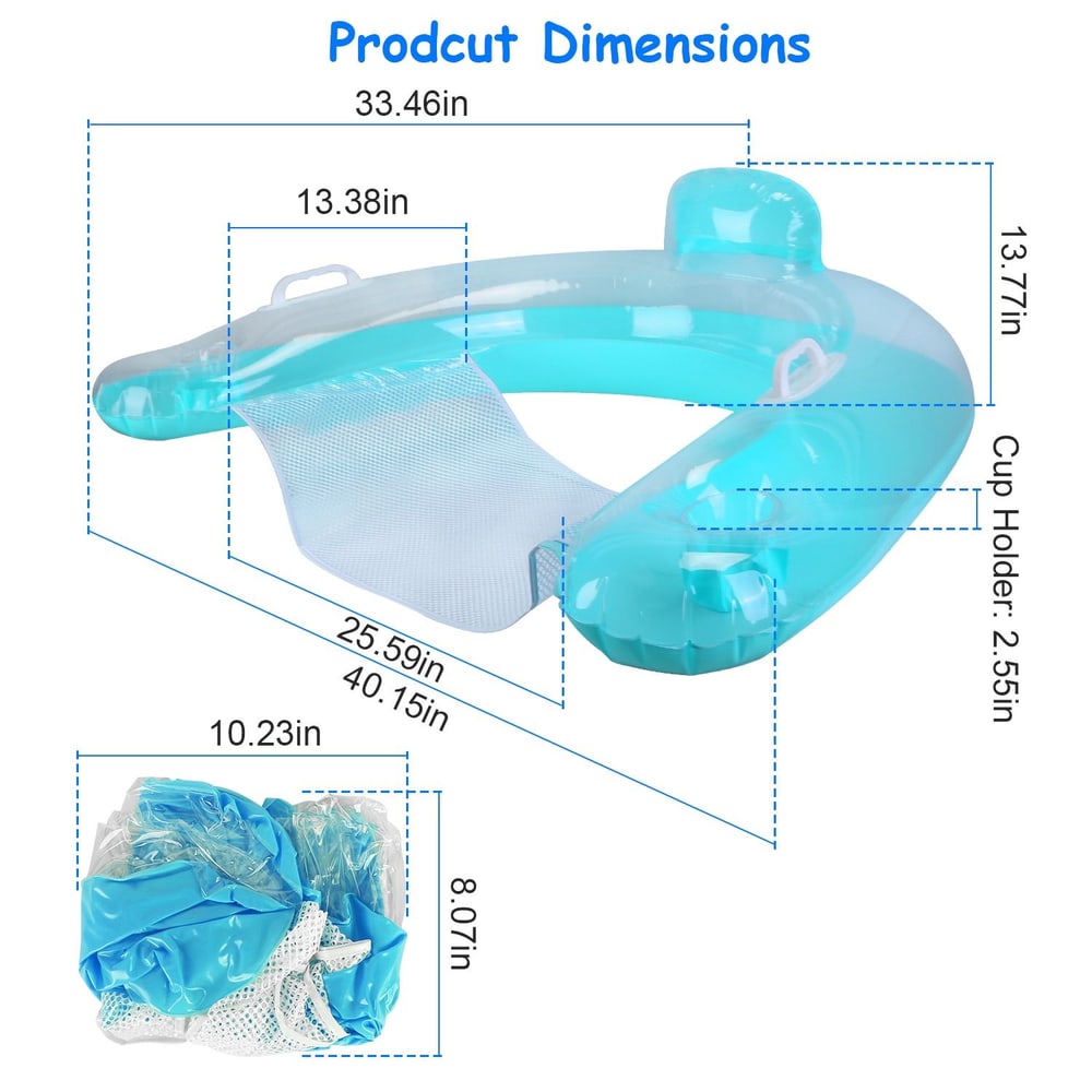 Inflatable pool float with measurements displayed, featuring a mesh seat and cup holder, ideal for summer relaxation.