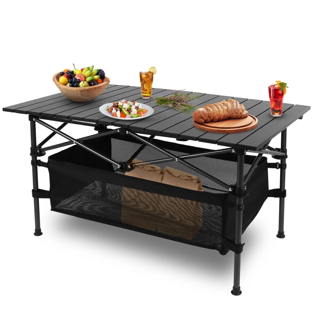 Portable folding outdoor picnic table with fresh fruits, salads, drinks, and bread displayed on top, featuring a spacious lower mesh storage basket.