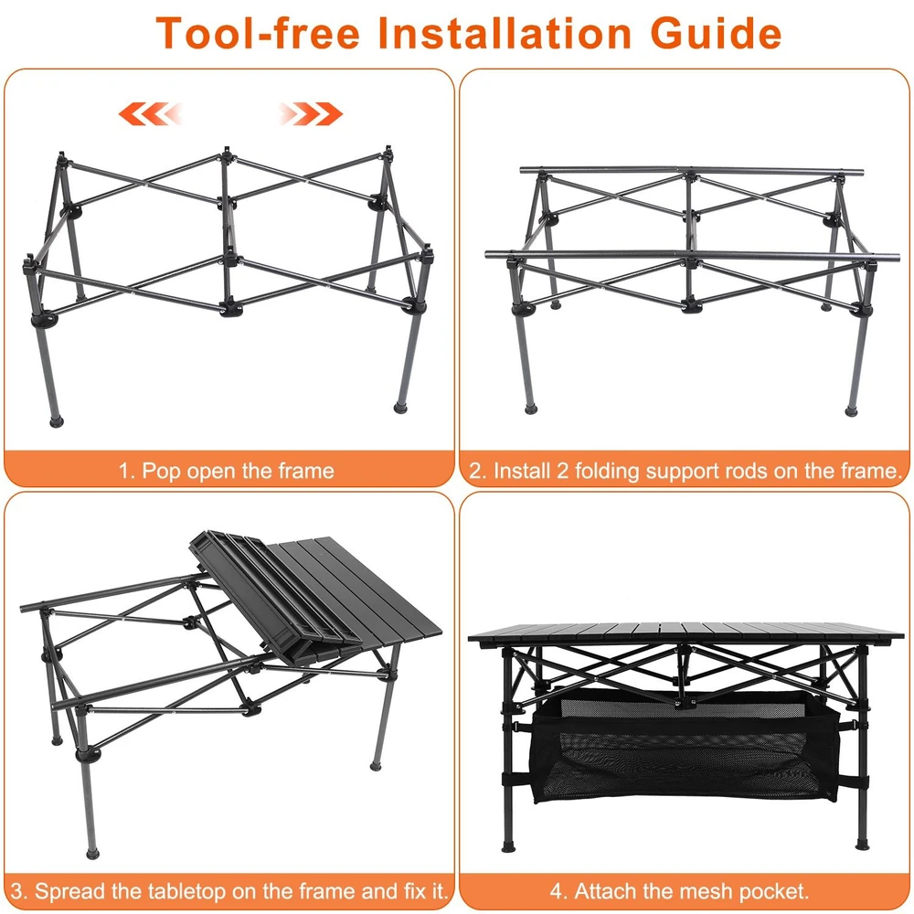 Tool-free installation guide for a portable folding camping table, featuring step-by-step instructions: pop open the frame, install support rods, spread and fix the tabletop, and attach the mesh pocket.