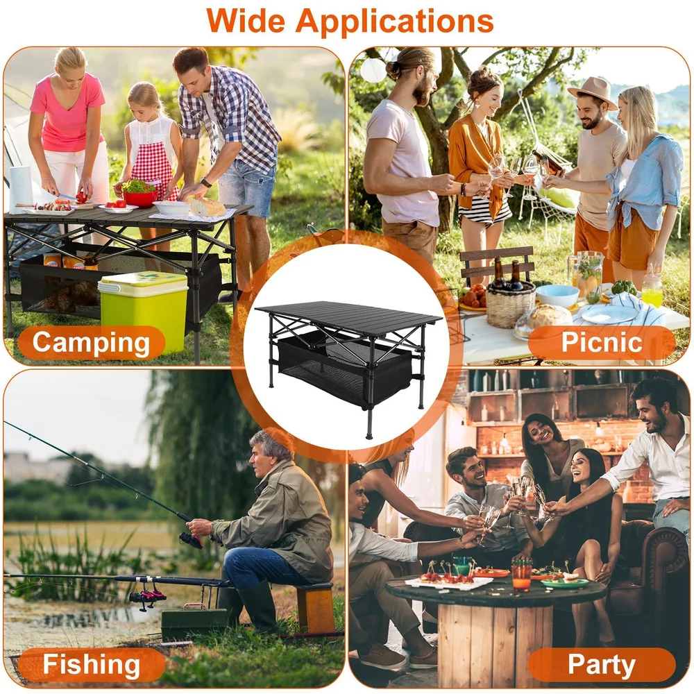 Collapsible outdoor table for camping, picnics, fishing, and parties, showcasing versatile uses in various social settings.
