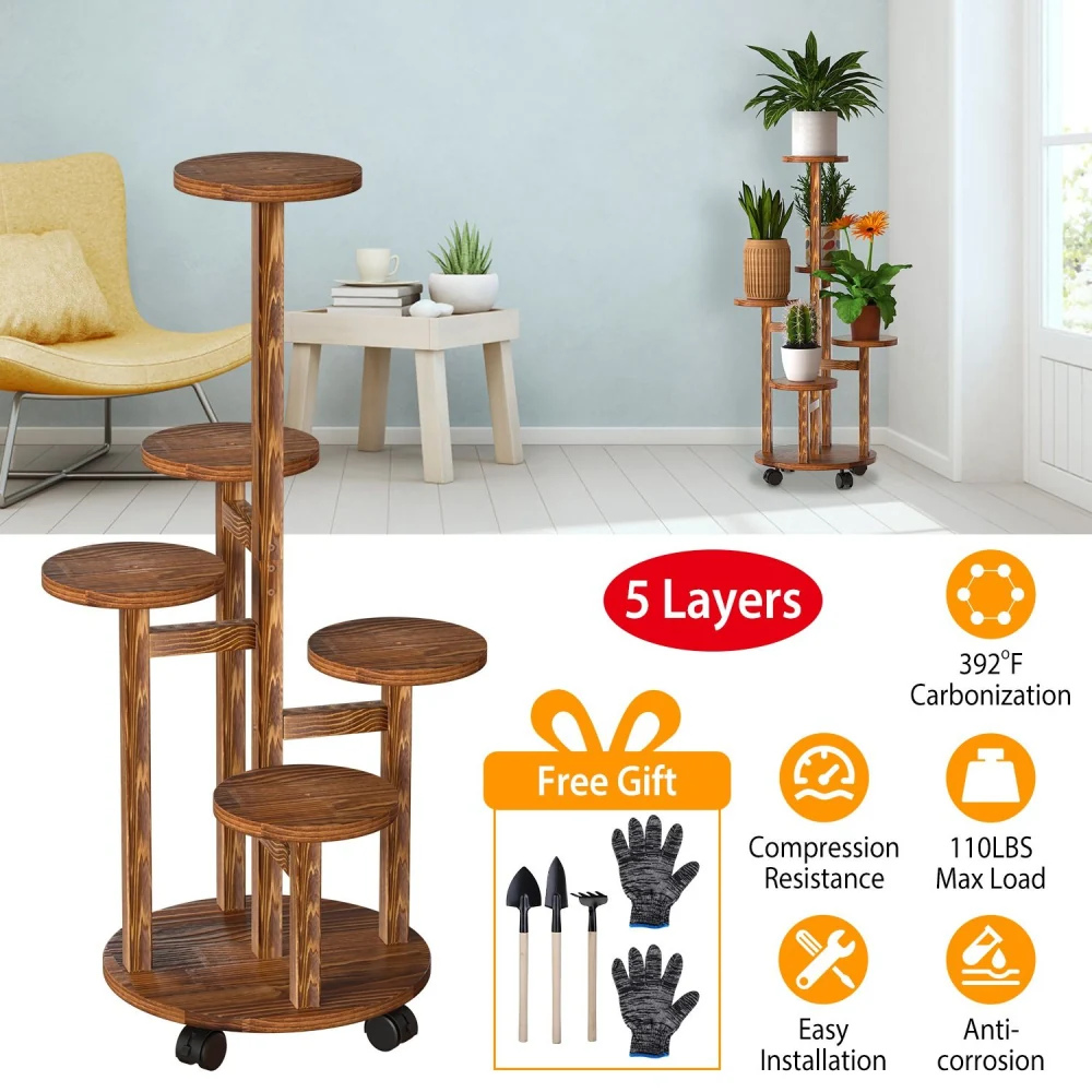 5-layer wooden plant stand with rolling base, showcasing various potted plants in a modern living room setting, designed for easy installation and featuring anti-corrosion properties.