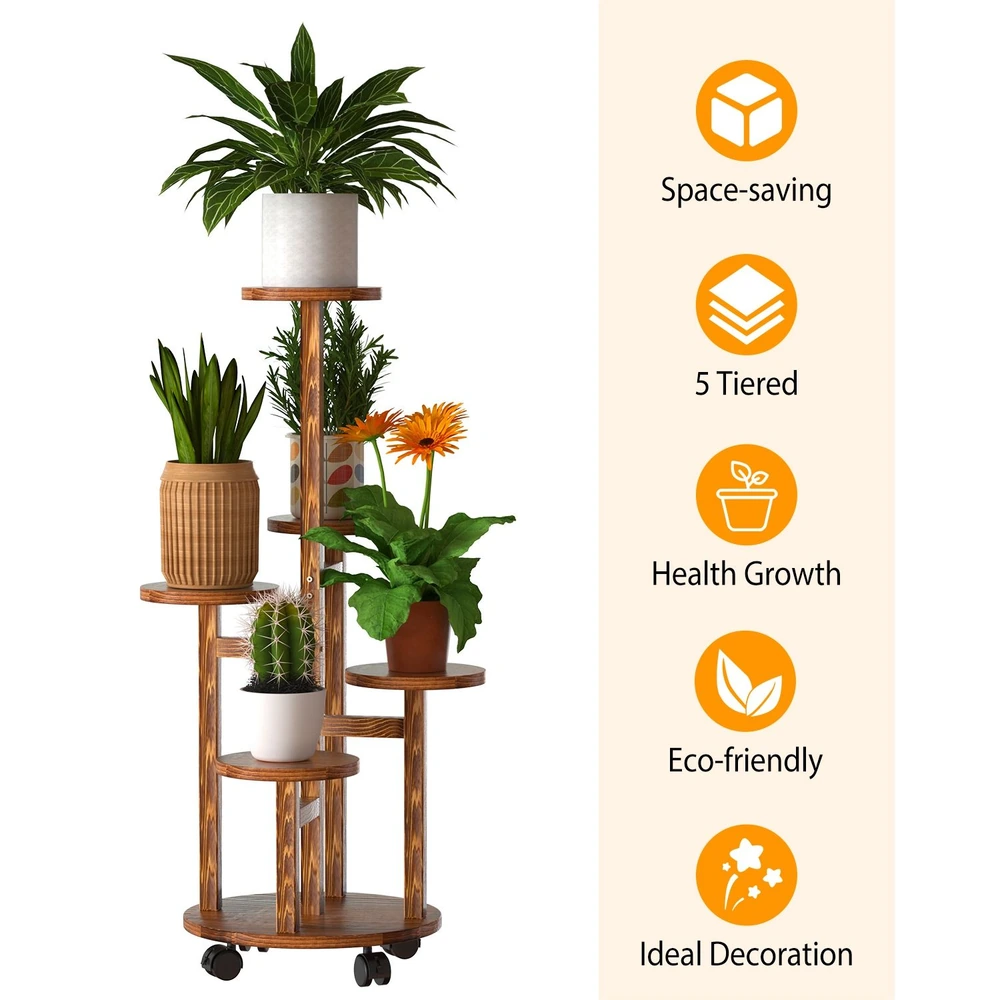5-tiered wooden plant stand with potted plants, featuring a space-saving design and mobility for health growth and eco-friendly home decoration.