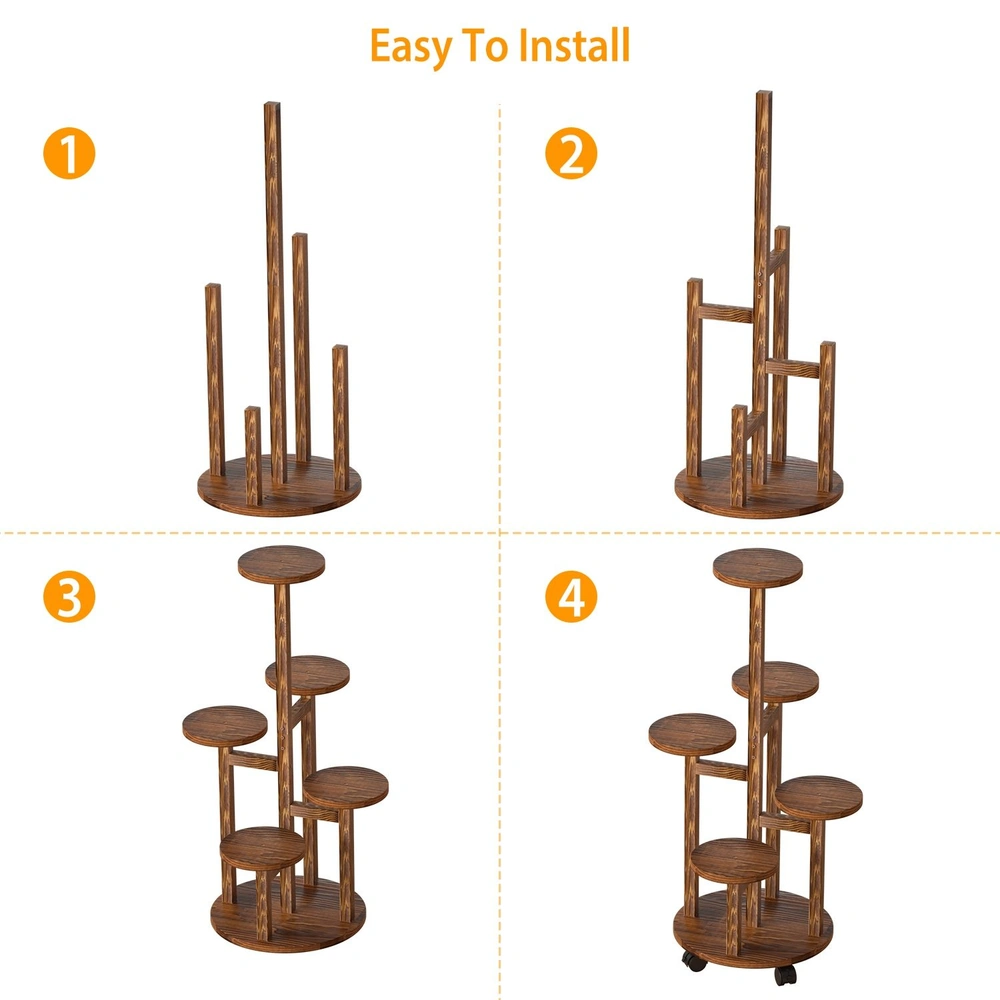 Step-by-step assembly guide for a modern wooden plant stand, showcasing four installation stages from base to final design, with rich brown finish and multiple circular shelves.