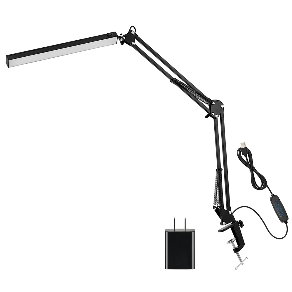 Adjustable LED desk lamp with a sleek black design, featuring a long, thin light bar and a USB power adapter, perfect for home office or studio use.
